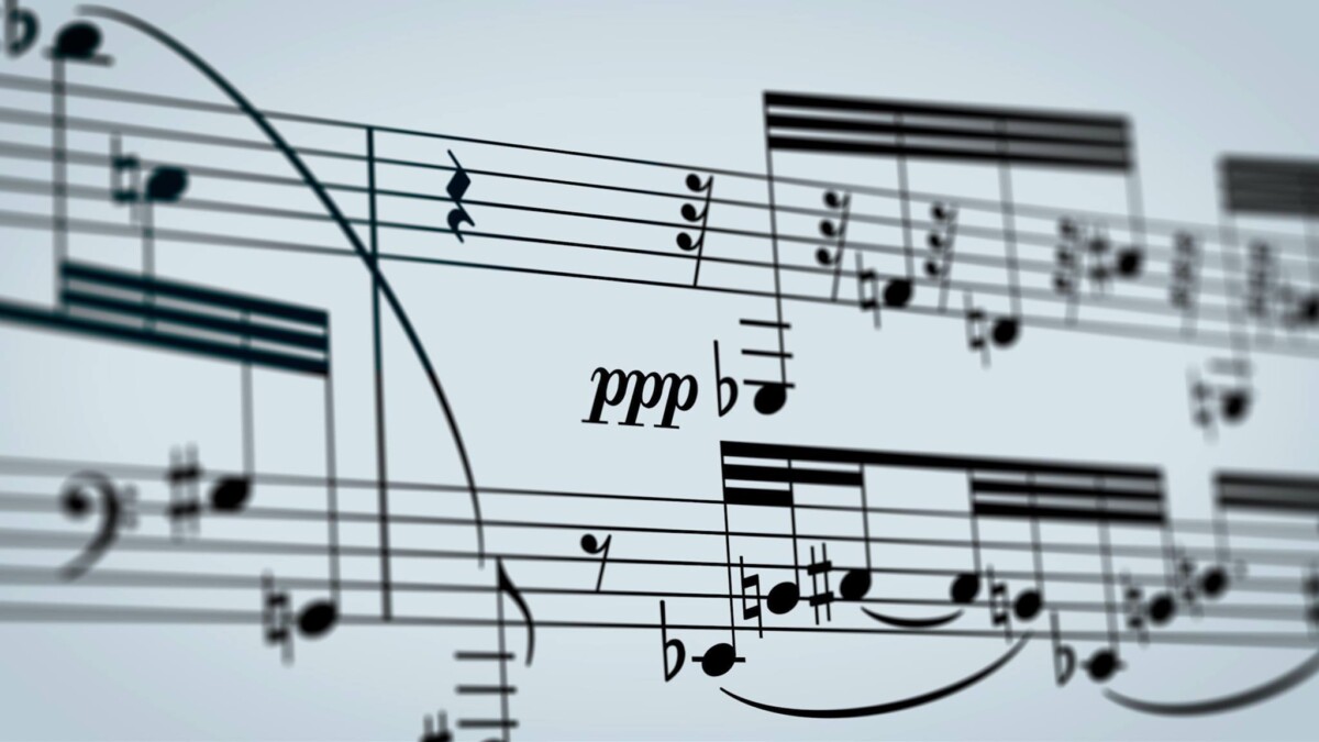 Abstract musical notation in orange and blue